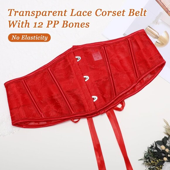 Women's Jacquard Corset Belt Lace Up Bustier Waspie Belt Renaissance Red Lace - Picture 5 of 6